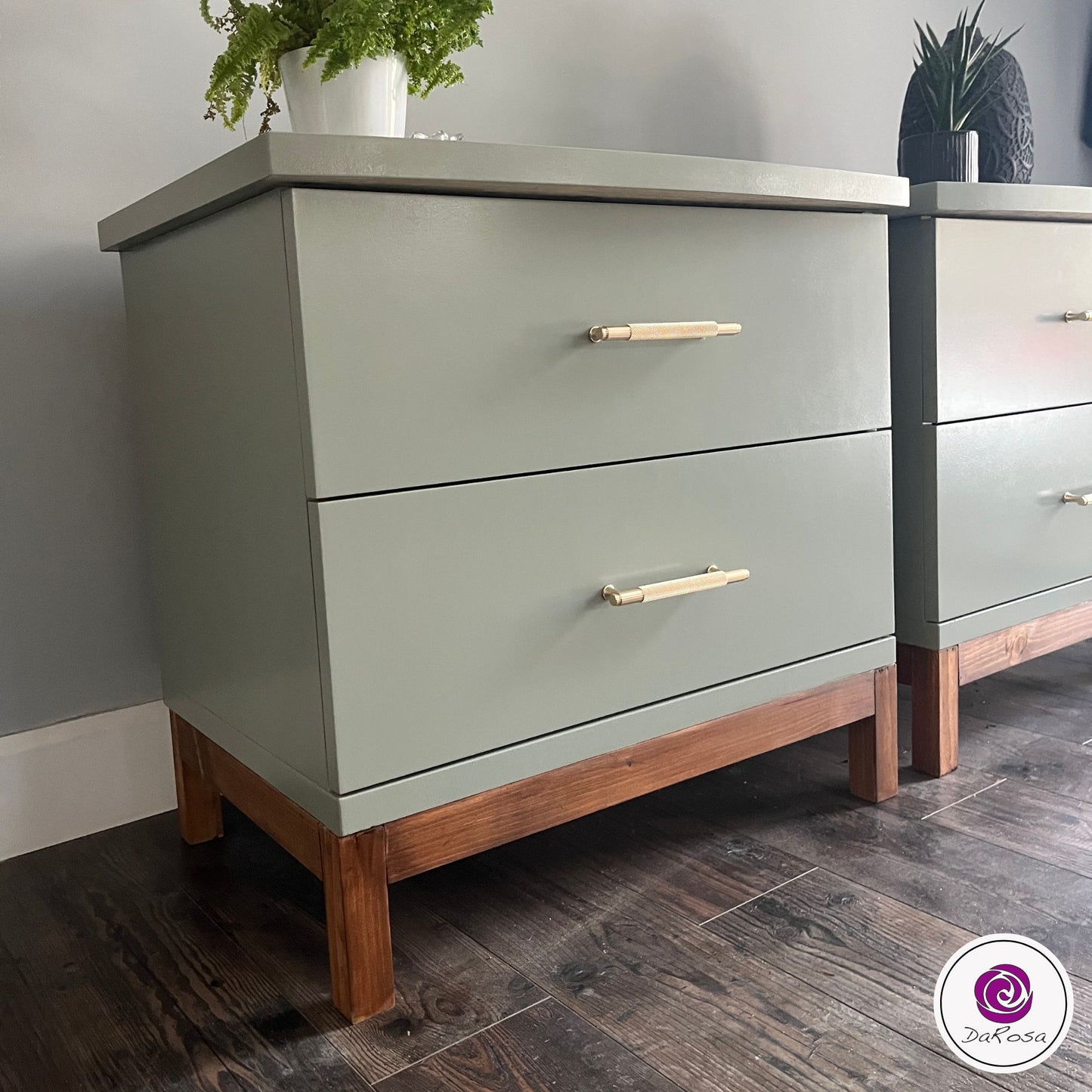 Sage Green Nightstands with Wood Base