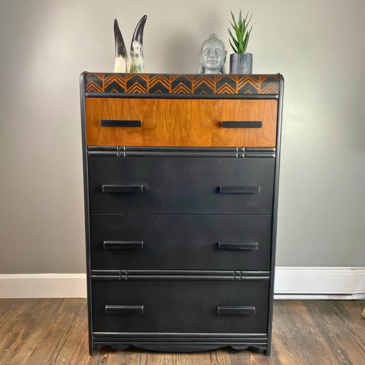 Vintage Waterfall Dresser in Black and Walnut and Arrow Details