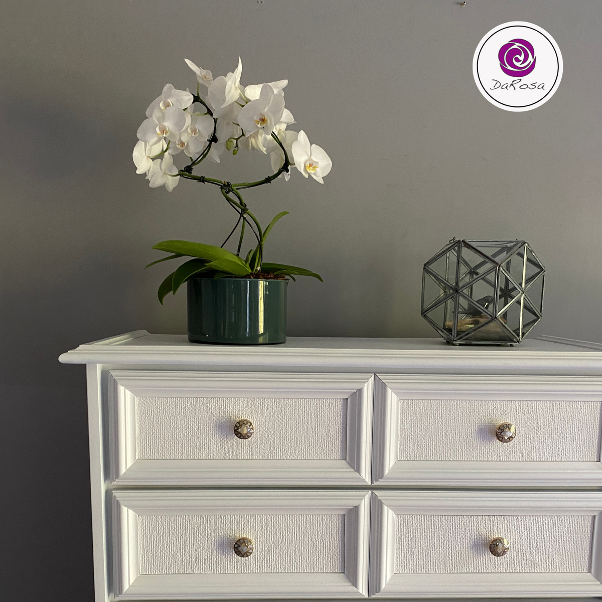 White Tallboy Dresser with Pearl Knobs