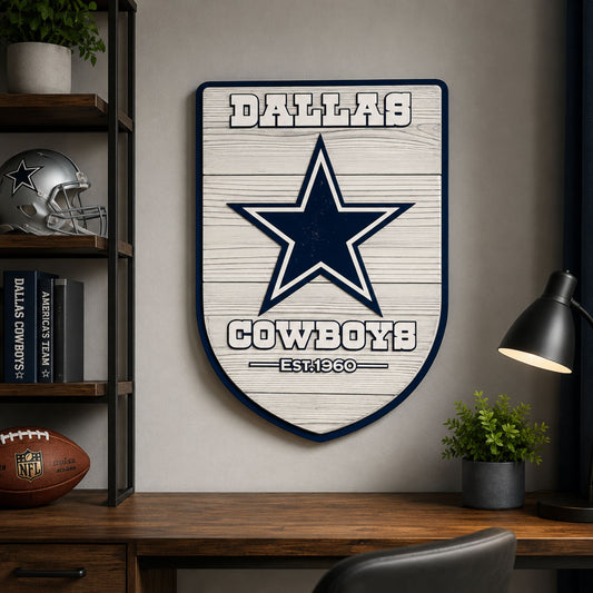 Dallas Cowboys logo on a wooden plaque in a home office setting