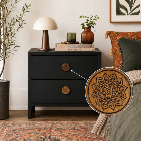 Mandala Cabinet Knobs installed on nightstands and zoom of the knob in a bubble