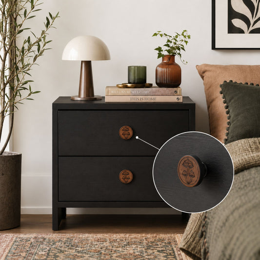 Dark modern nightstand with walnut mushroom drawer knobs installed
