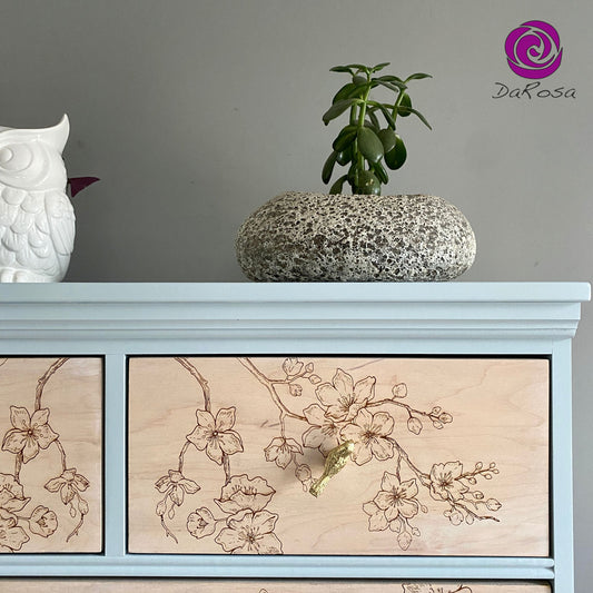 Tall Dresser Blue and White with Blossom Engraved Drawers