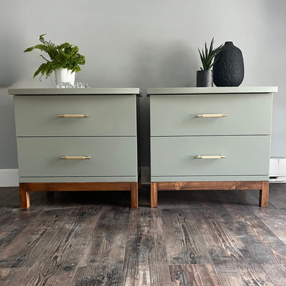 Sage Green Nightstands with Wood Base