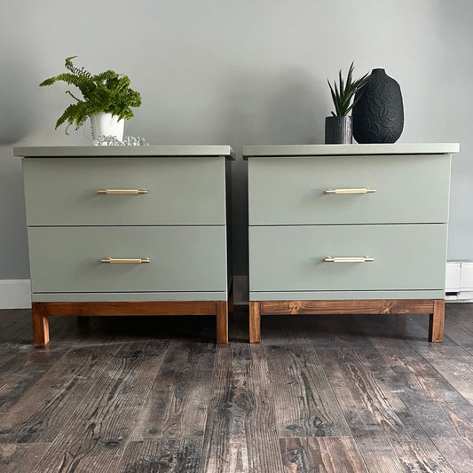 Sage Green Nightstands with Wood Base