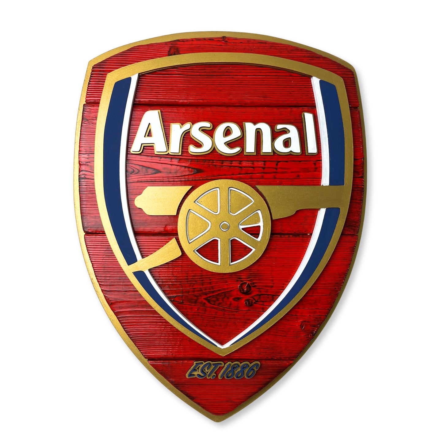 Handmade Arsenal wood shield sign with red wood grain finish and gold accents