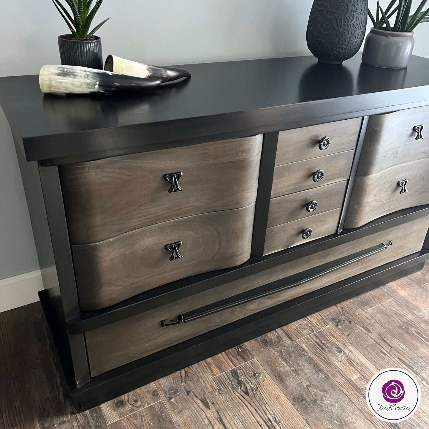 Black Dresser with Wood Drawers