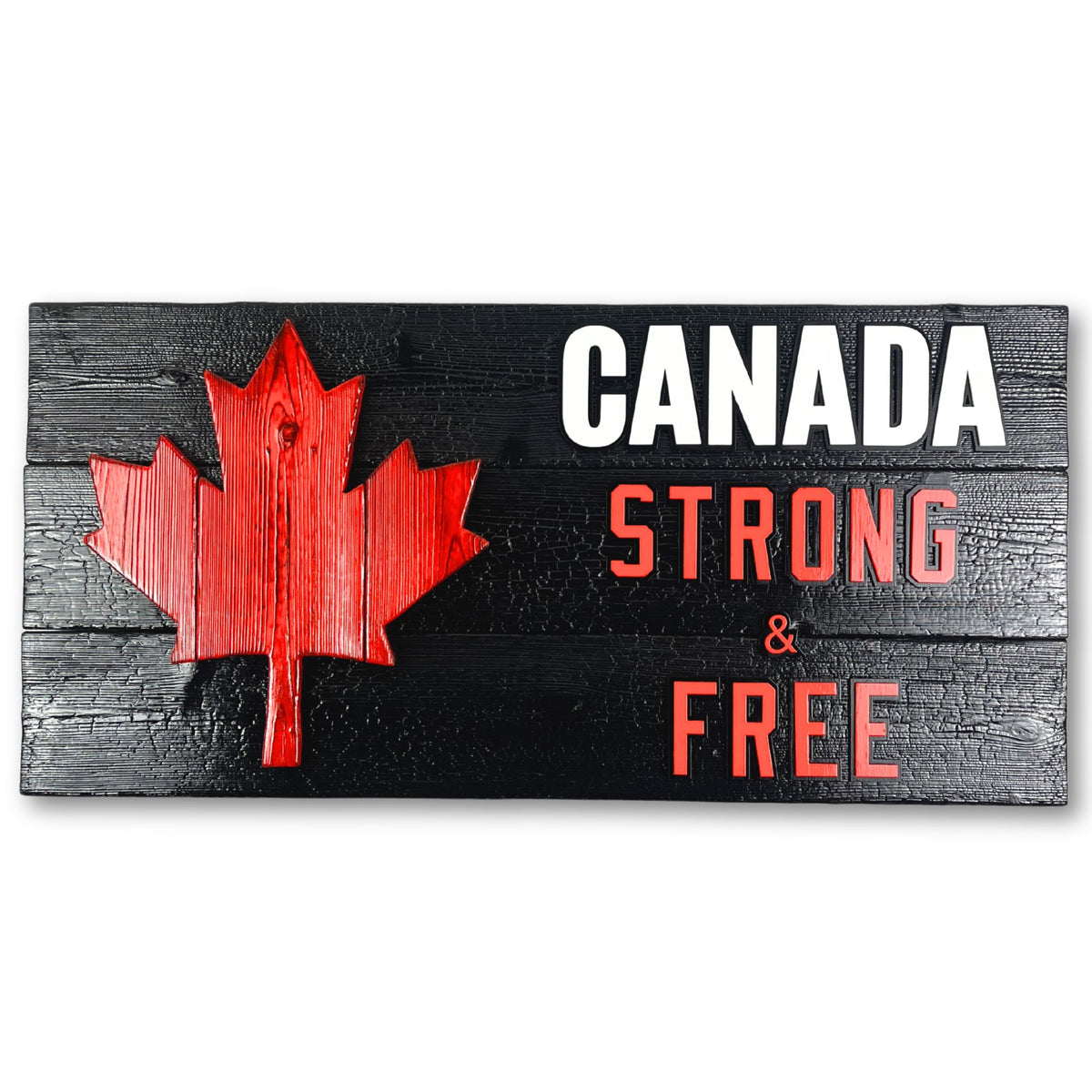 Black Canadian wood flag with “Strong and Free” text and 3D maple leaf – burnt cedar wall decor