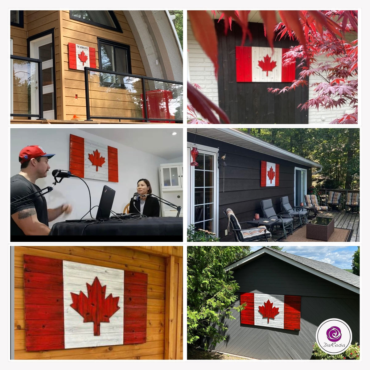 Customer photos of Canadian wood flags displayed in real home and cottage settings