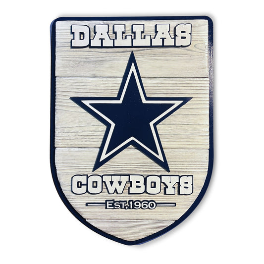 Dallas Cowboys logo with star on a wooden shield design