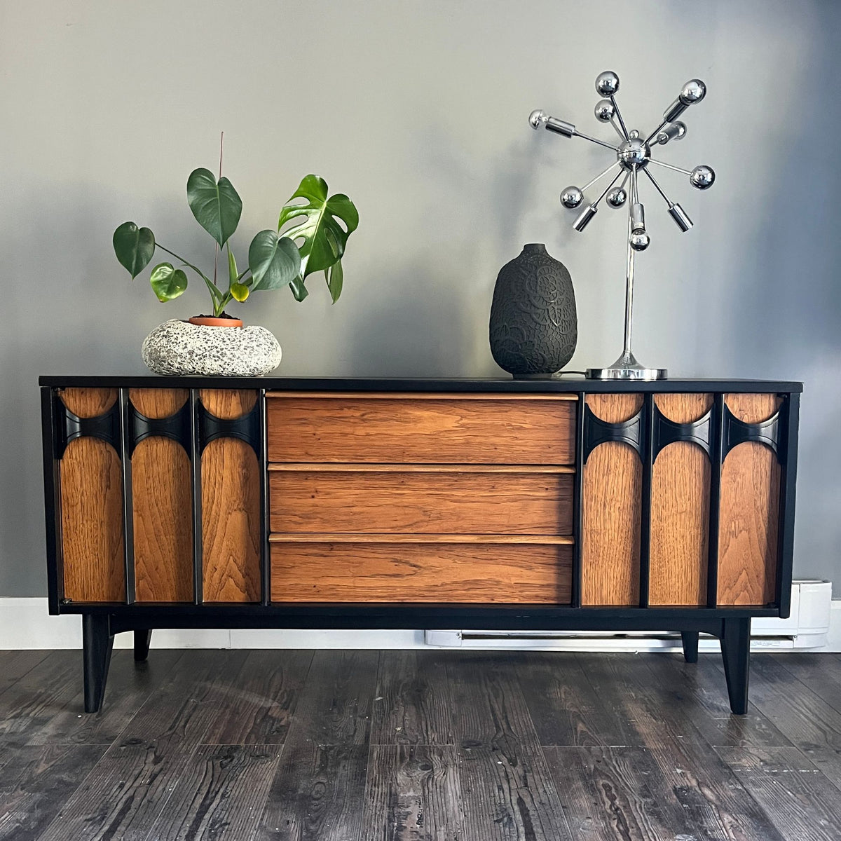 Sleek MCM Credenza with Black Arched Handles