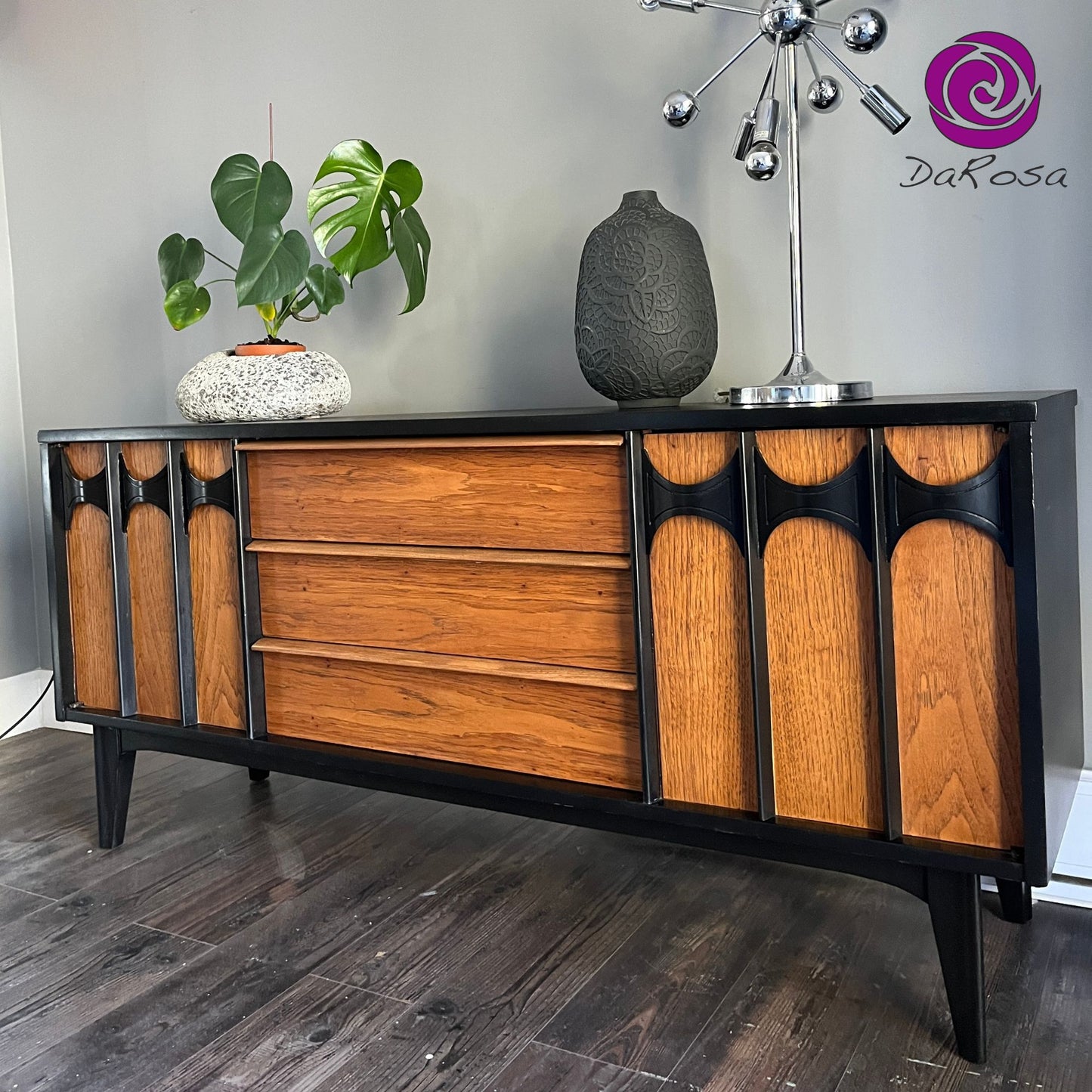 Sleek MCM Credenza with Black Arched Handles
