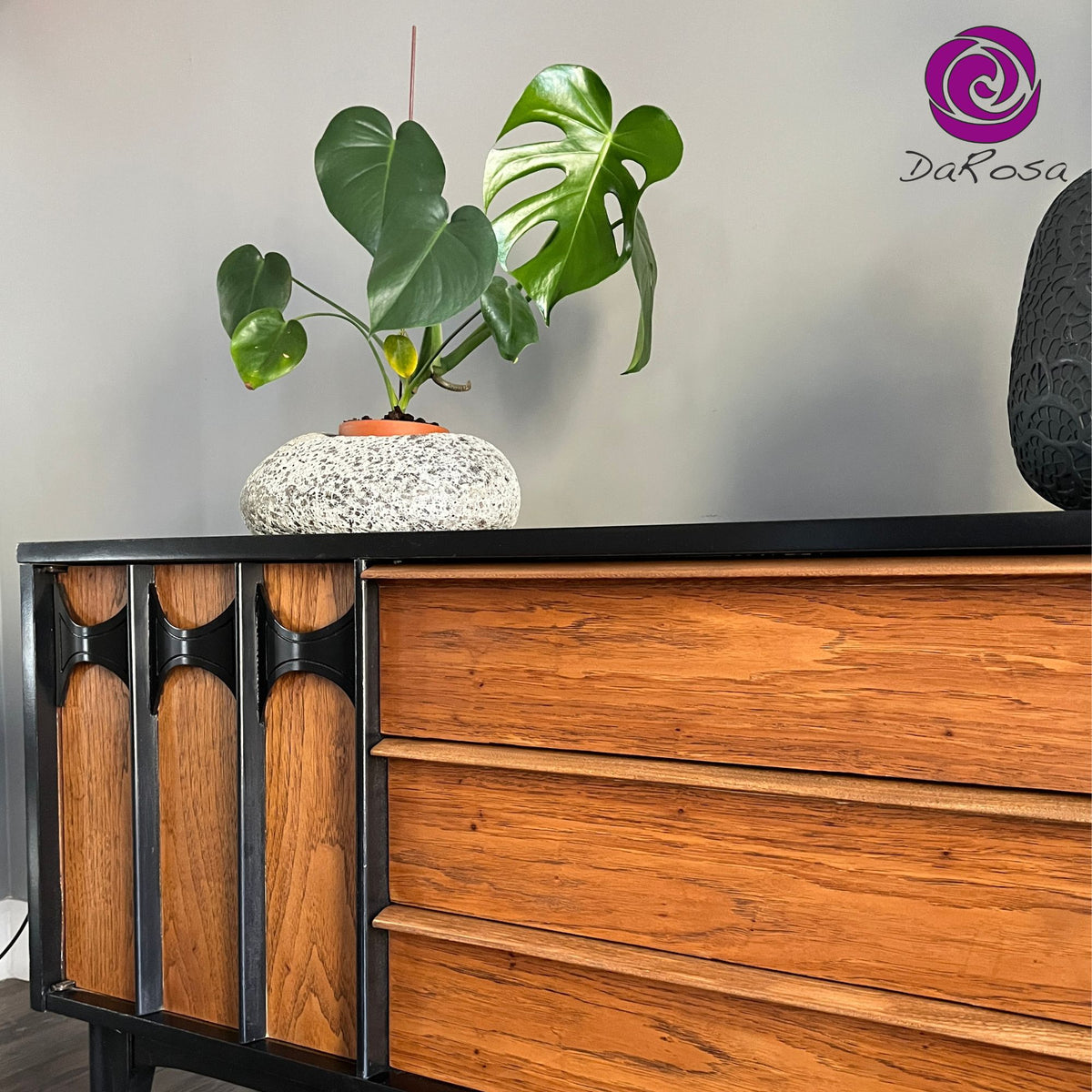 Sleek MCM Credenza with Black Arched Handles