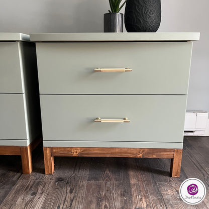 Sage Green Nightstands with Wood Base
