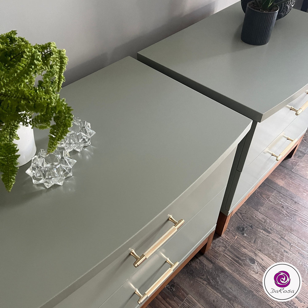 Sage Green Nightstands with Wood Base