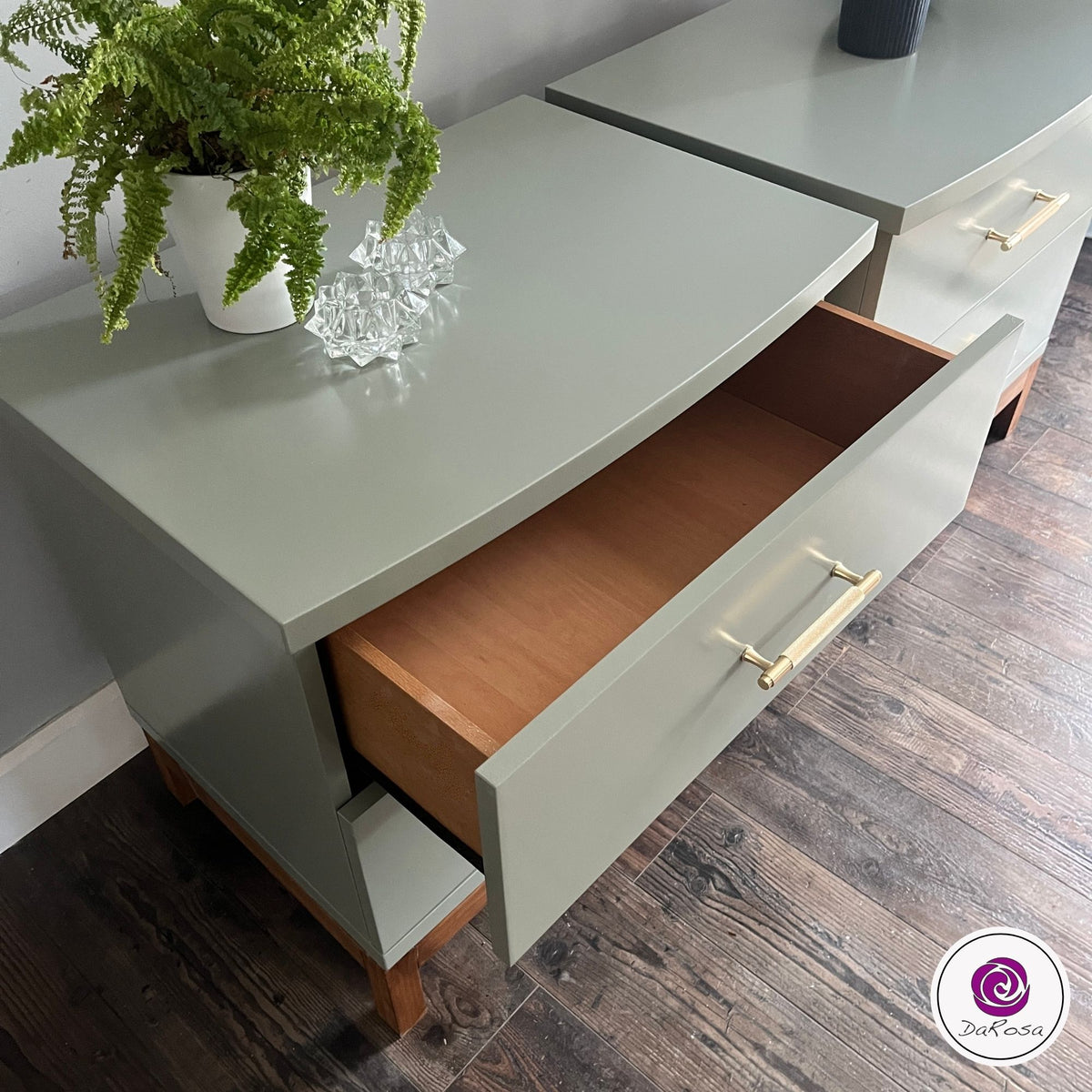 Sage Green Nightstands with Wood Base