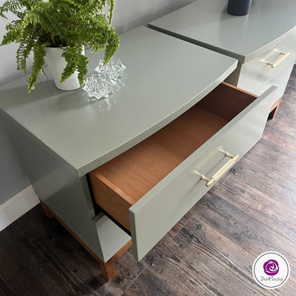 Sage Green Nightstands with Wood Base