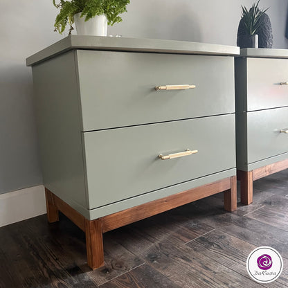 Sage Green Nightstands with Wood Base
