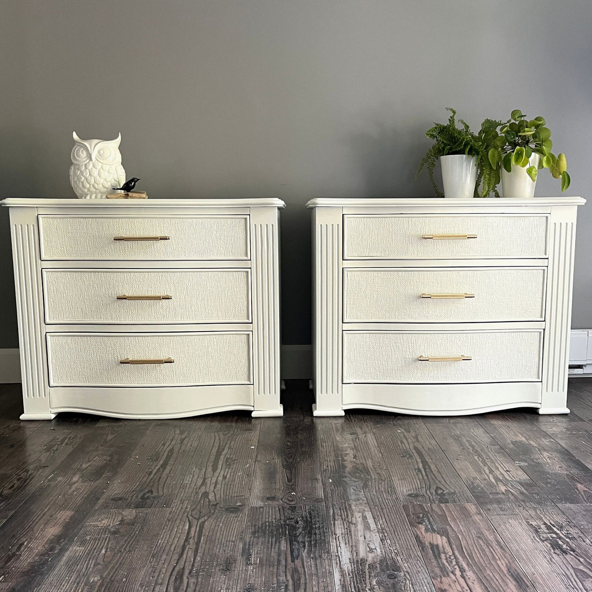 King Size White Nightstands with Gold Hardware