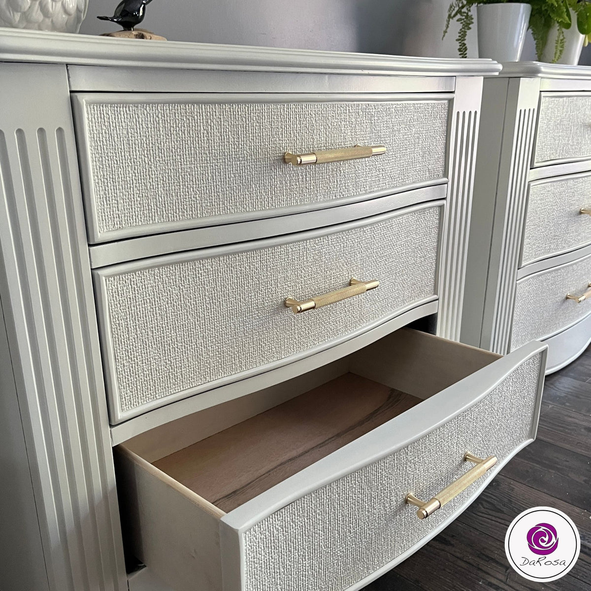 King Size White Nightstands with Gold Hardware