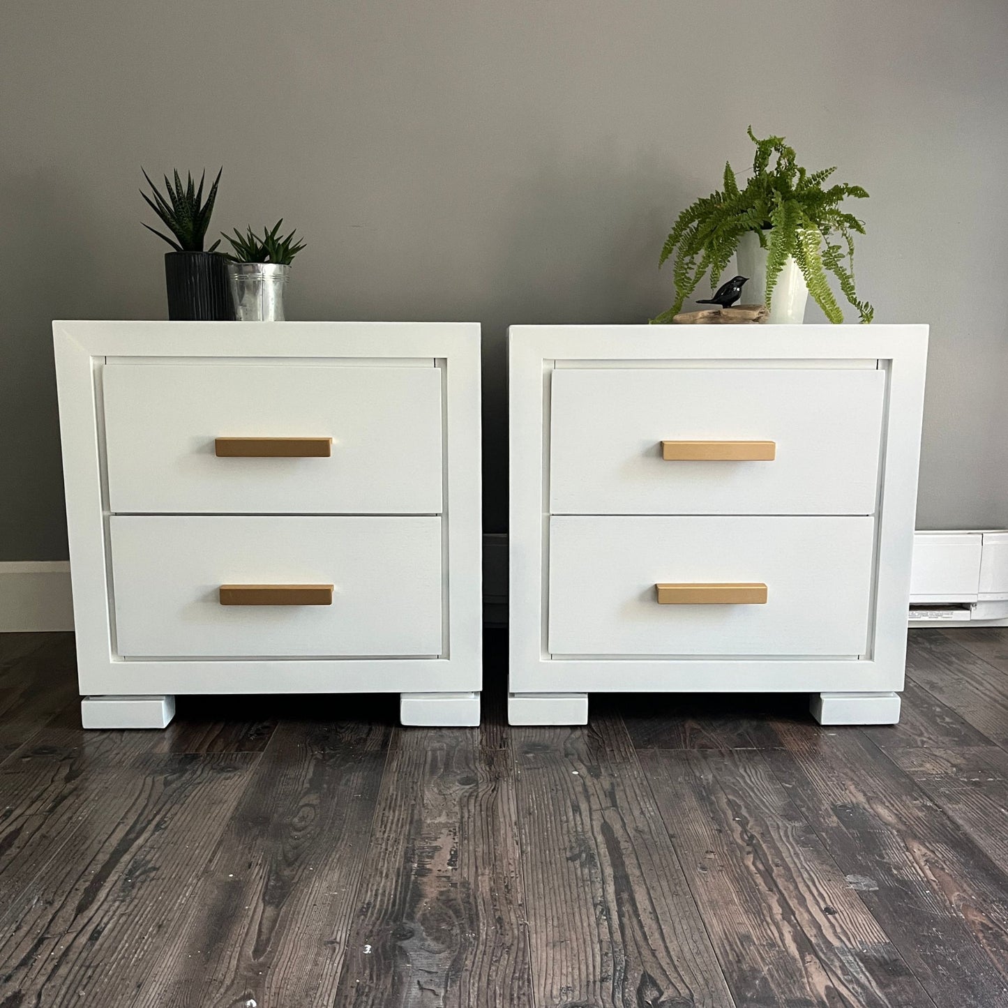 White Nightstands with Brushed Gold Hardware