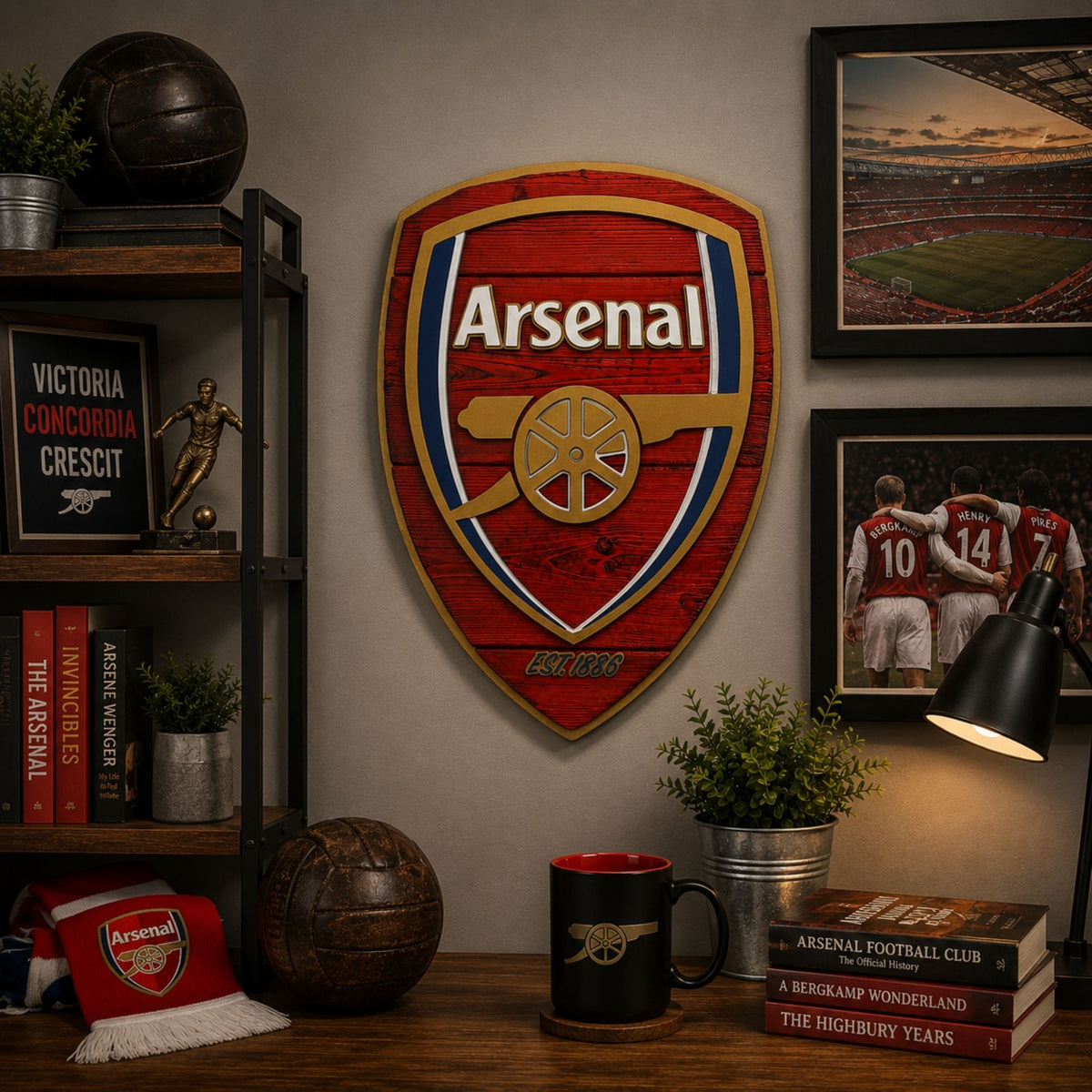 Arsenal wood shield sign styled in a soccer fan room with sports decor