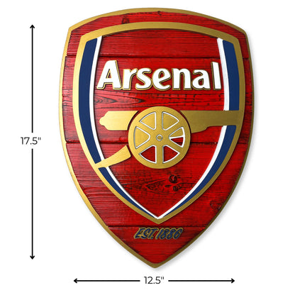 Wooden Arsenal logo with dimensions on a white background