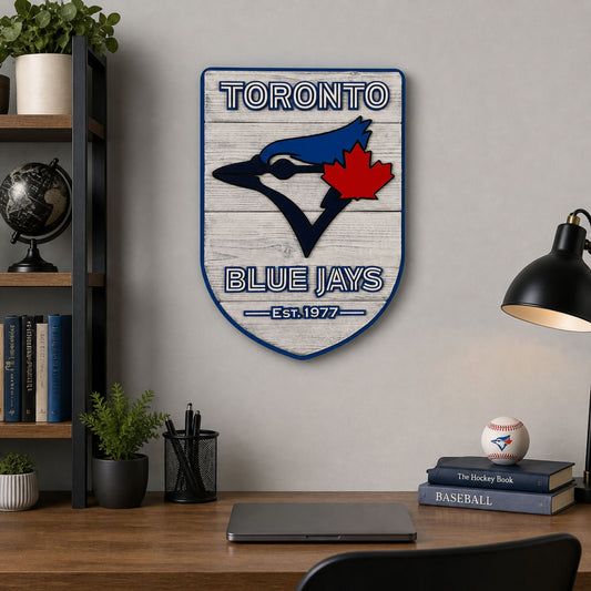 Toronto Blue Jays wood sign displayed in office man cave decor setting
