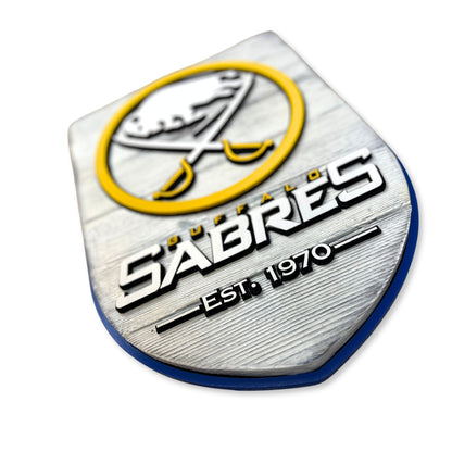 handmade Buffalo Sabres wood shield wall art front view