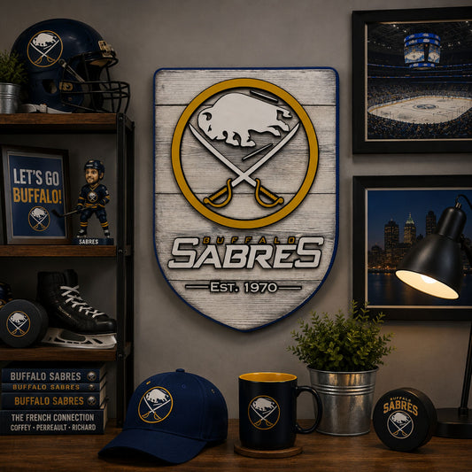 Buffalo Sabres wood shield displayed in hockey themed man cave decor