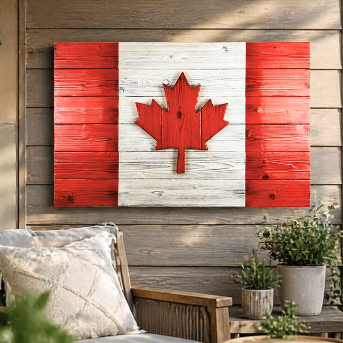 Handcrafted Canadian wood flag displayed on an outdoor patio wall