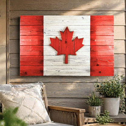 Handcrafted Canadian wood flag displayed on an outdoor patio wall