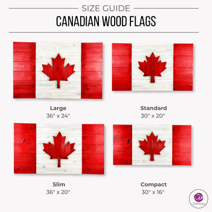 Size options for Canadian wood flag showing multiple dimensions available for wall decor