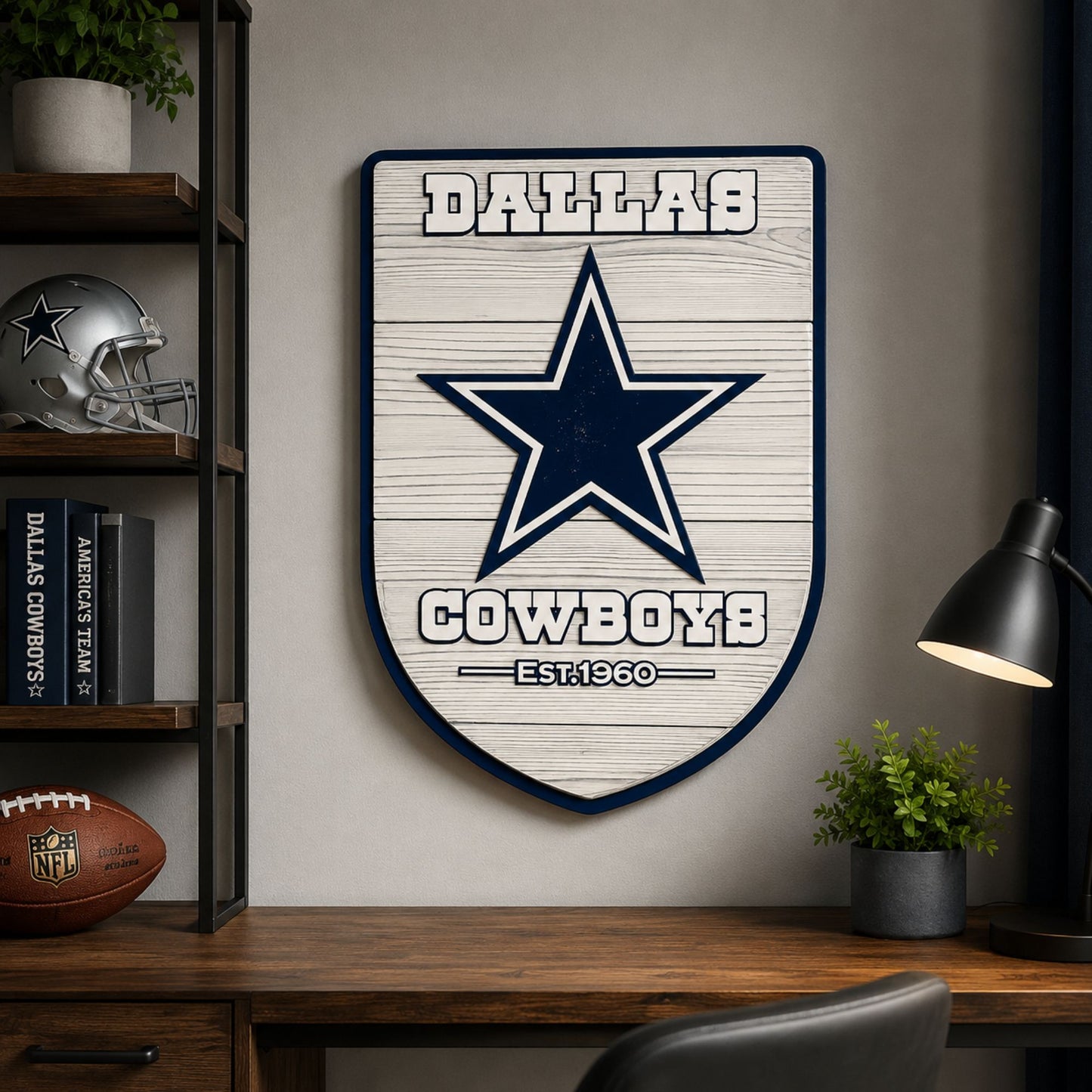 Dallas Cowboys logo on a wooden plaque in a home office setting