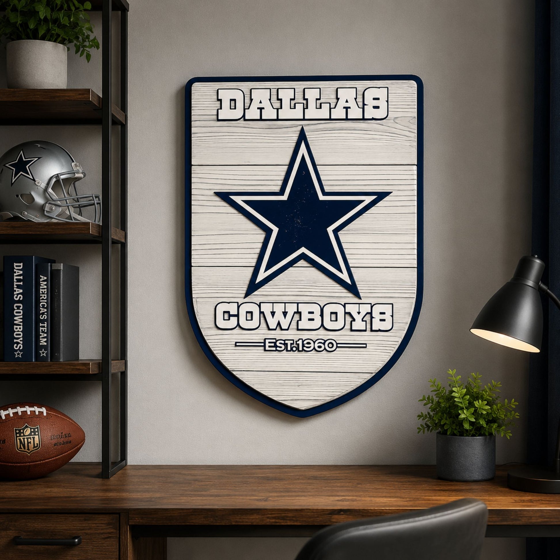 Dallas Cowboys logo on a wooden plaque in a home office setting