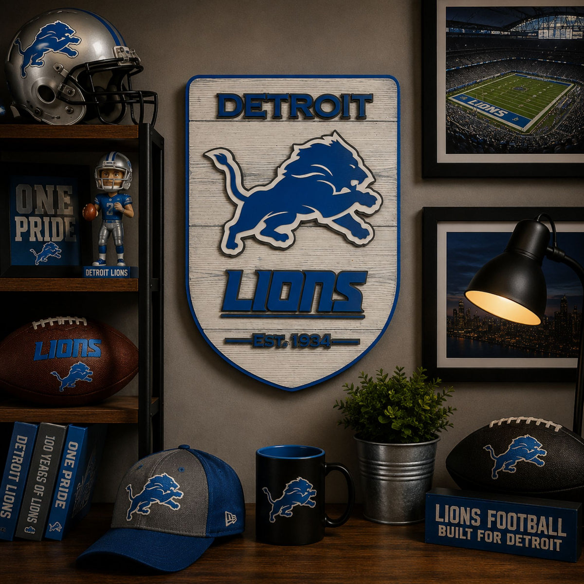 Detroit Lions wood shield displayed in man cave football decor setting