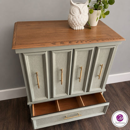 Sage green storage cabinet with shelving and smooth-running drawers
