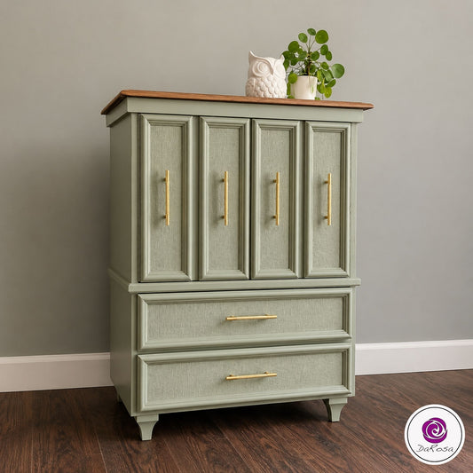 Vintage cabinet dresser refinished in sage green with stained wood top