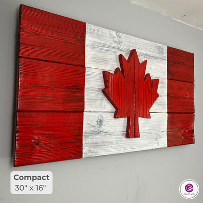 Side view of handcrafted Canadian wood flag showing thickness and layered construction