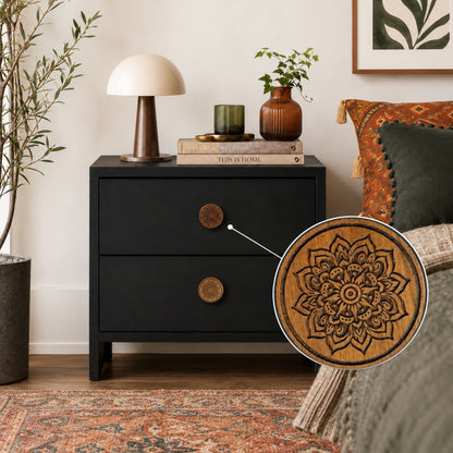 Mandala Cabinet Knobs installed on nightstands and zoom of the knob in a bubble