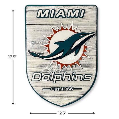 handmade Miami Dolphins wood shield wall art front view with size