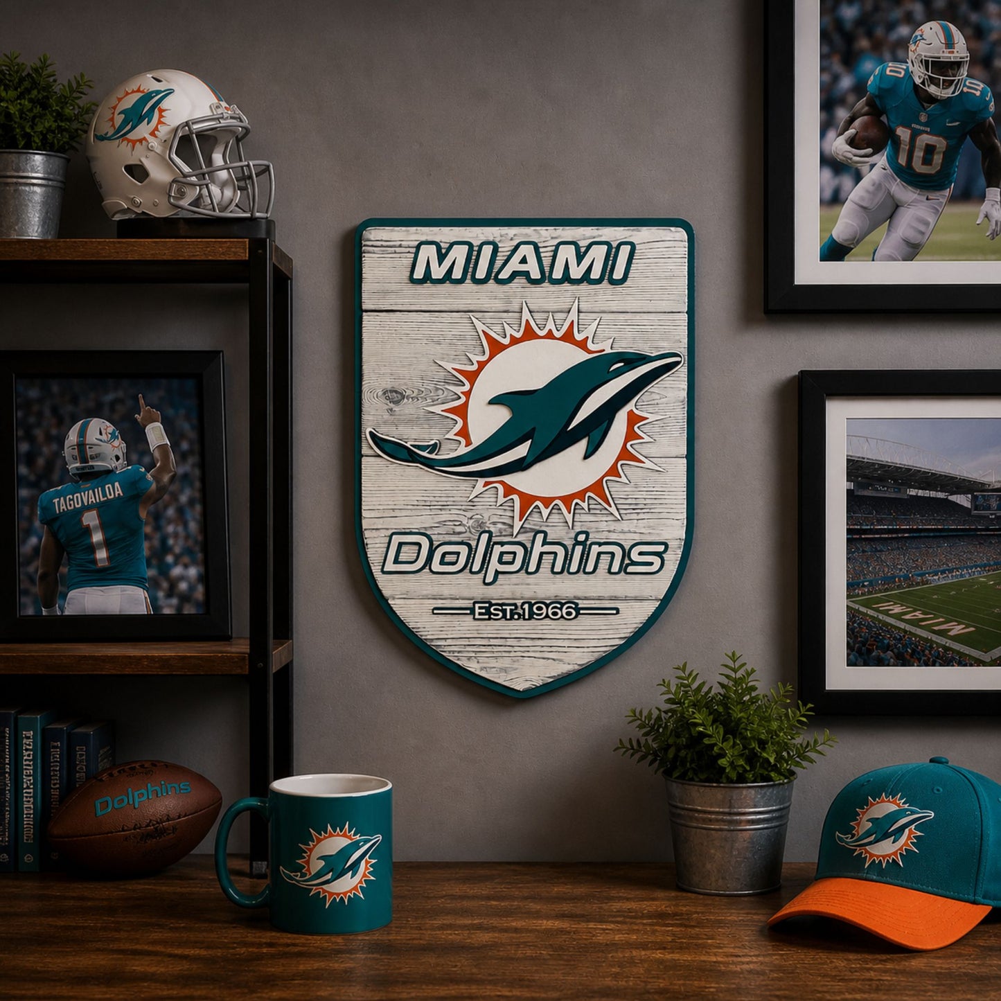 Miami Dolphins wood shield displayed in man cave wall decor setting