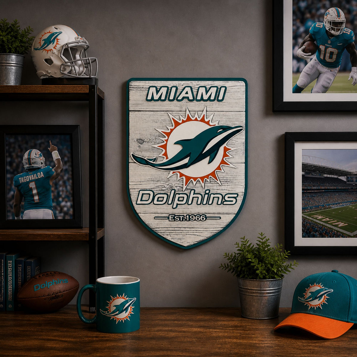 Miami Dolphins wood shield displayed in man cave wall decor setting