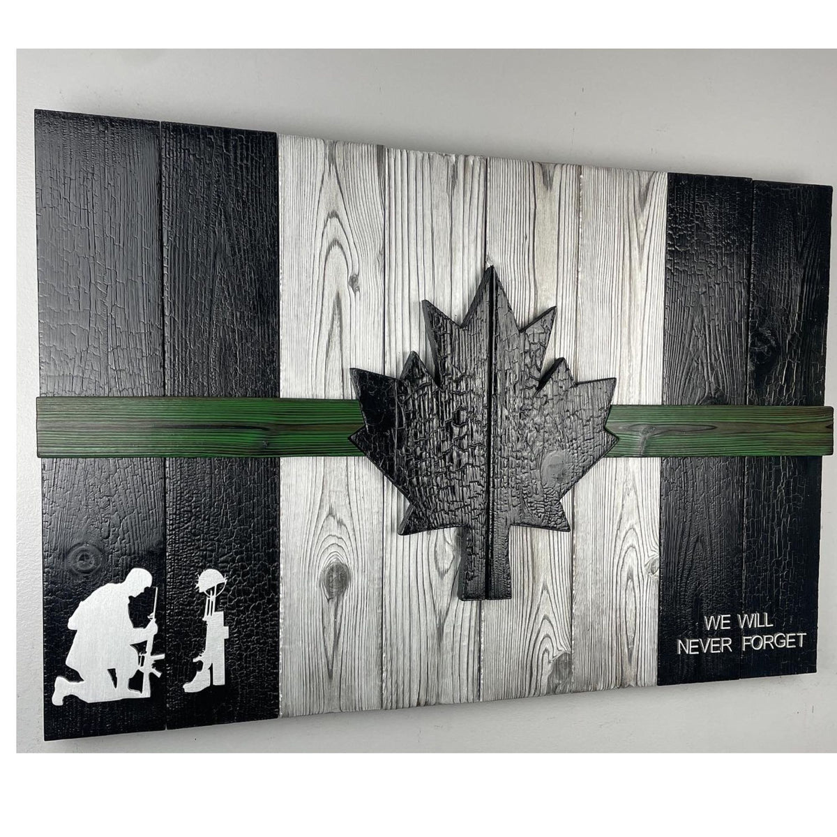 Military Style Canadian Wood Flag – Burnt Cedar, Rustic Decor