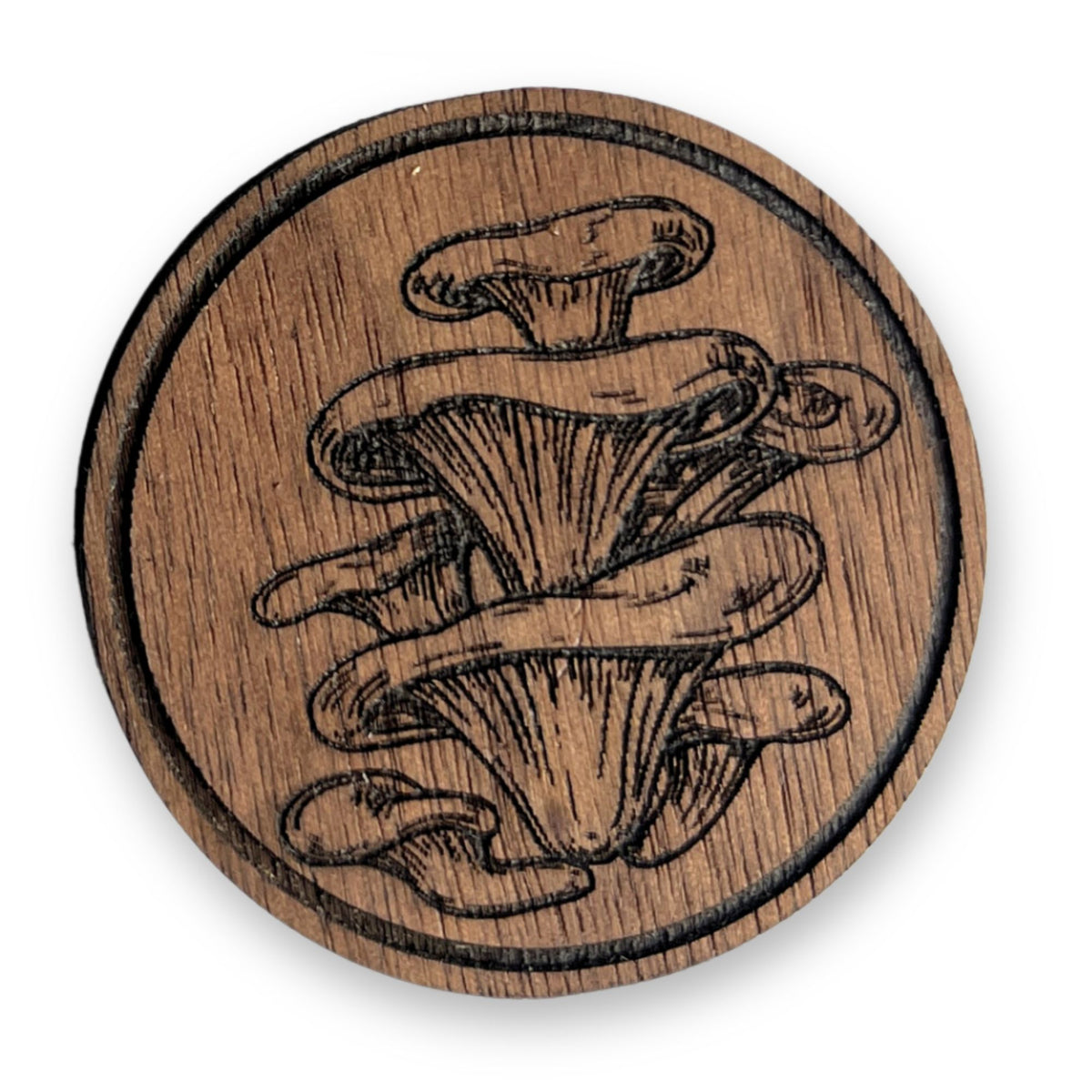 Close-up of walnut wood grain and laser engraved mushroom cabinet knob detail