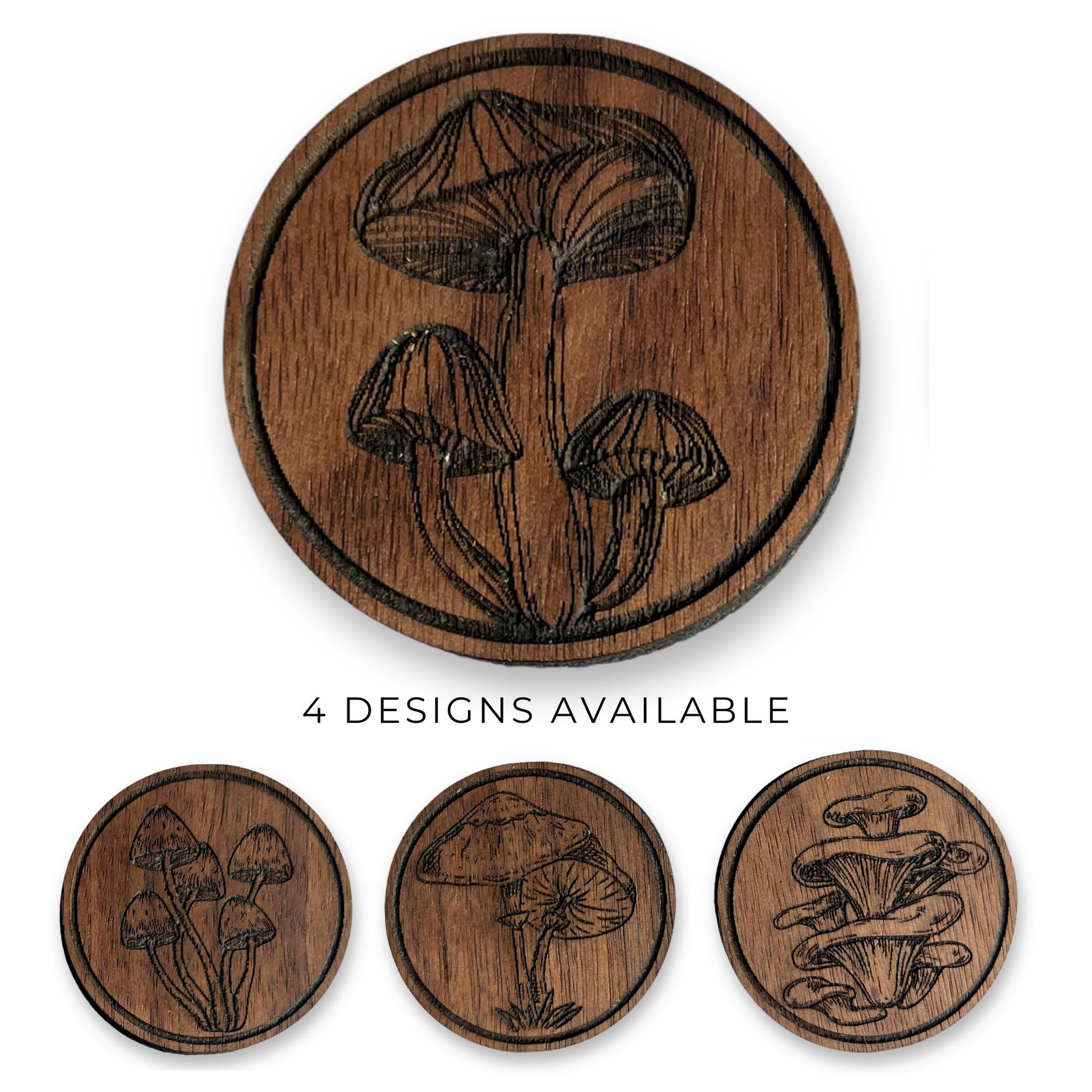 Walnut mushroom drawer knobs with four engraved design options on white background