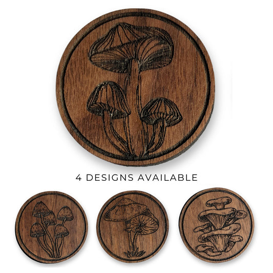 Walnut mushroom drawer knobs with four engraved design options on white background