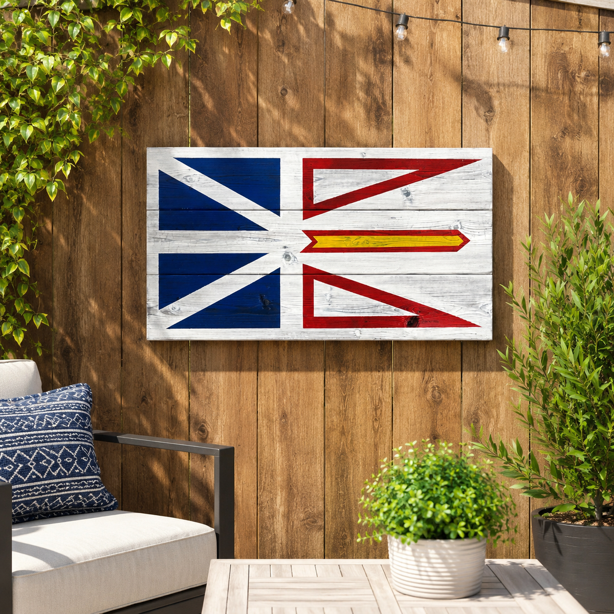 Newfoundland and Labrador Wooden flag art piece on a wooden wall with outdoor furniture and plants.