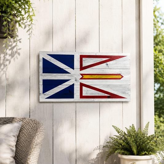 Wooden flag Newfoundland and Labrador on a wall with plants and a chair in the background