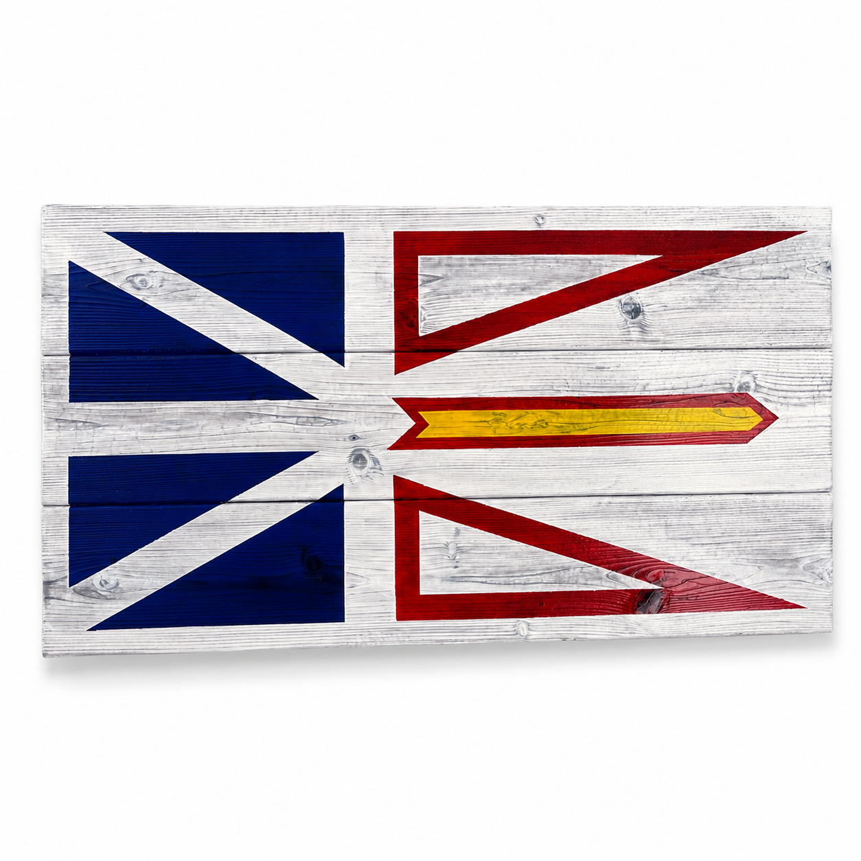 Wooden plaque with a stylized flag design on a white background